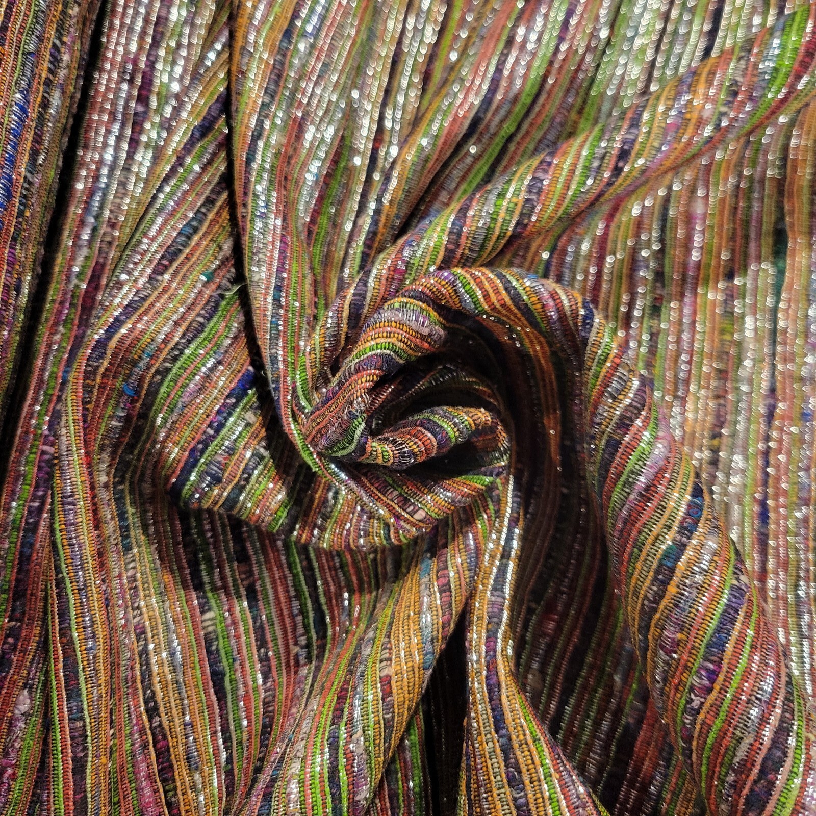 ‘Retro’ Colors, Metallic Silver Handwoven Silk Fabric, Sari Waste, Eco-Friendly
