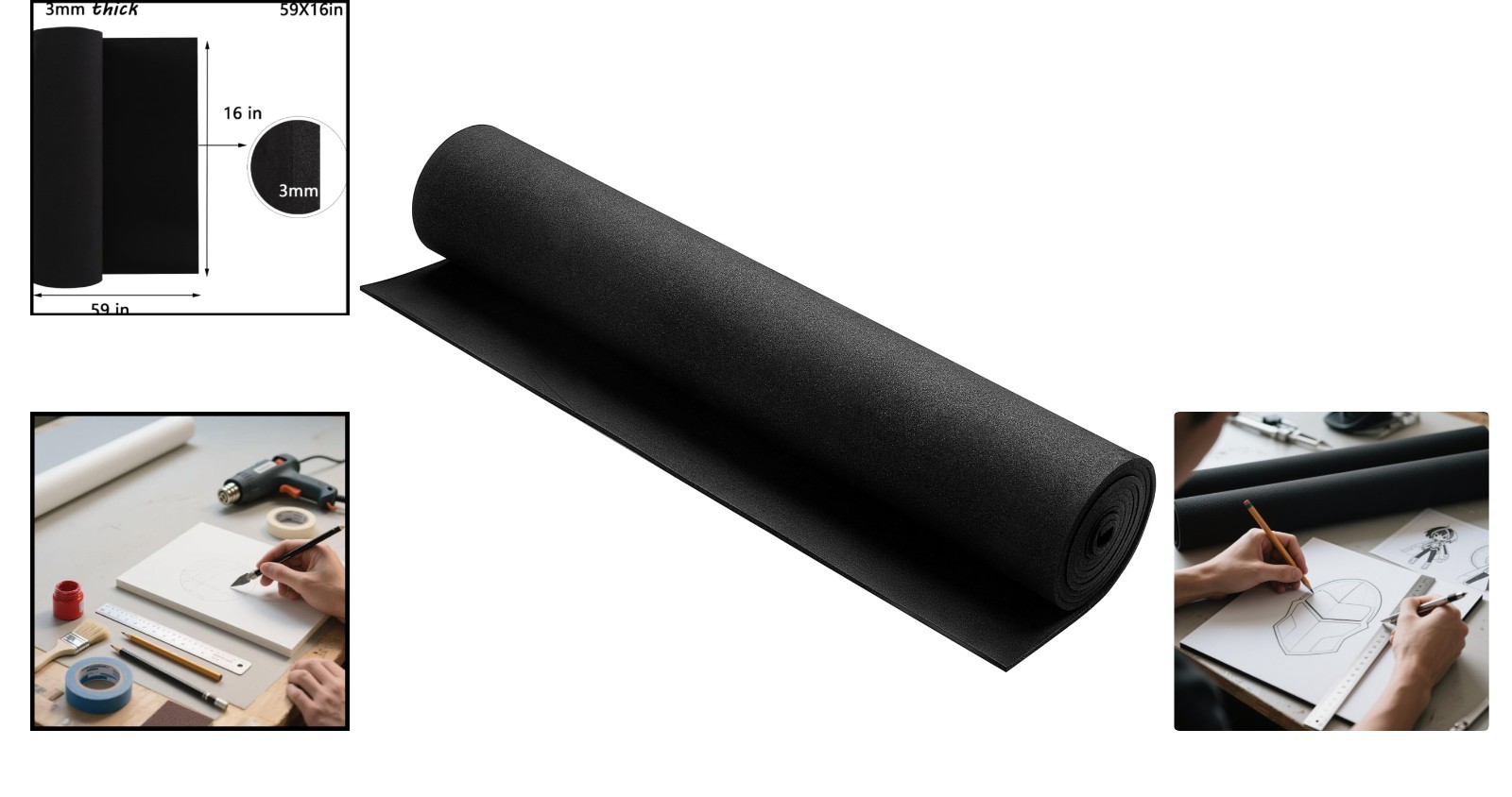 High-Density EVA Foam 3mm – Black 16×59 Inch for Cosplay and Craft Projects