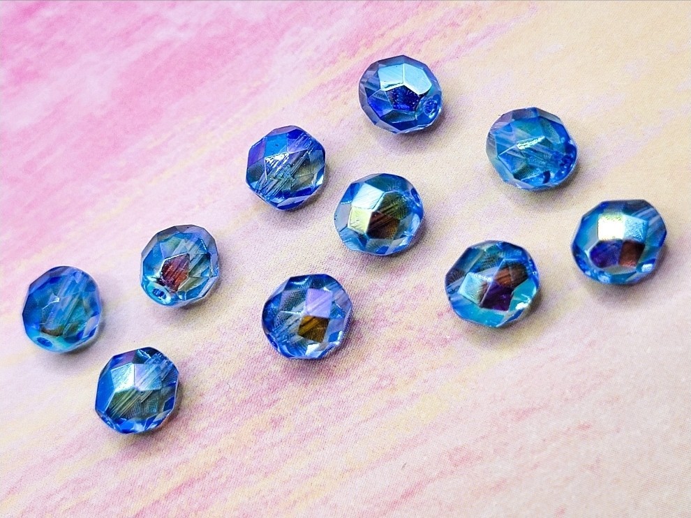 Aurora Borealis Blue Uranium Glass Beads 8mm Czech Fire Polished 10pcs