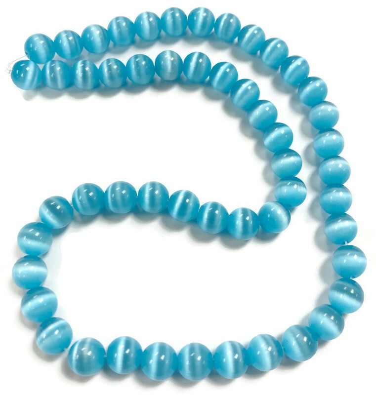 50 Cat’s Eye Fiber Optic Glass Aquamarine 8mm. Smooth Round Beads 2577