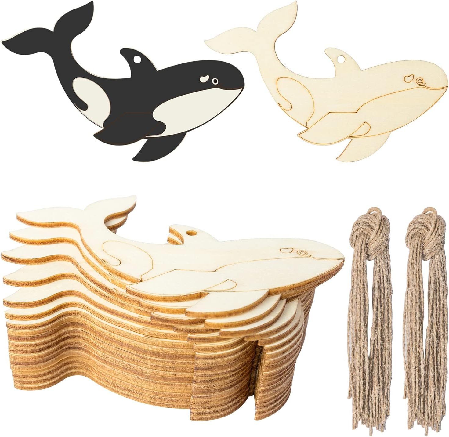 Whale Shaped Wood Fish Wooden Cutout Blank Slices Wooden Tags with Twines Art Or