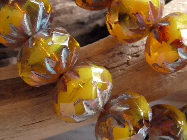 15 – 10x7mm CZECH YELLOW OPALINE BUTTERSCOTCH PICASSO FACETED CRULLER GLASS BEAD