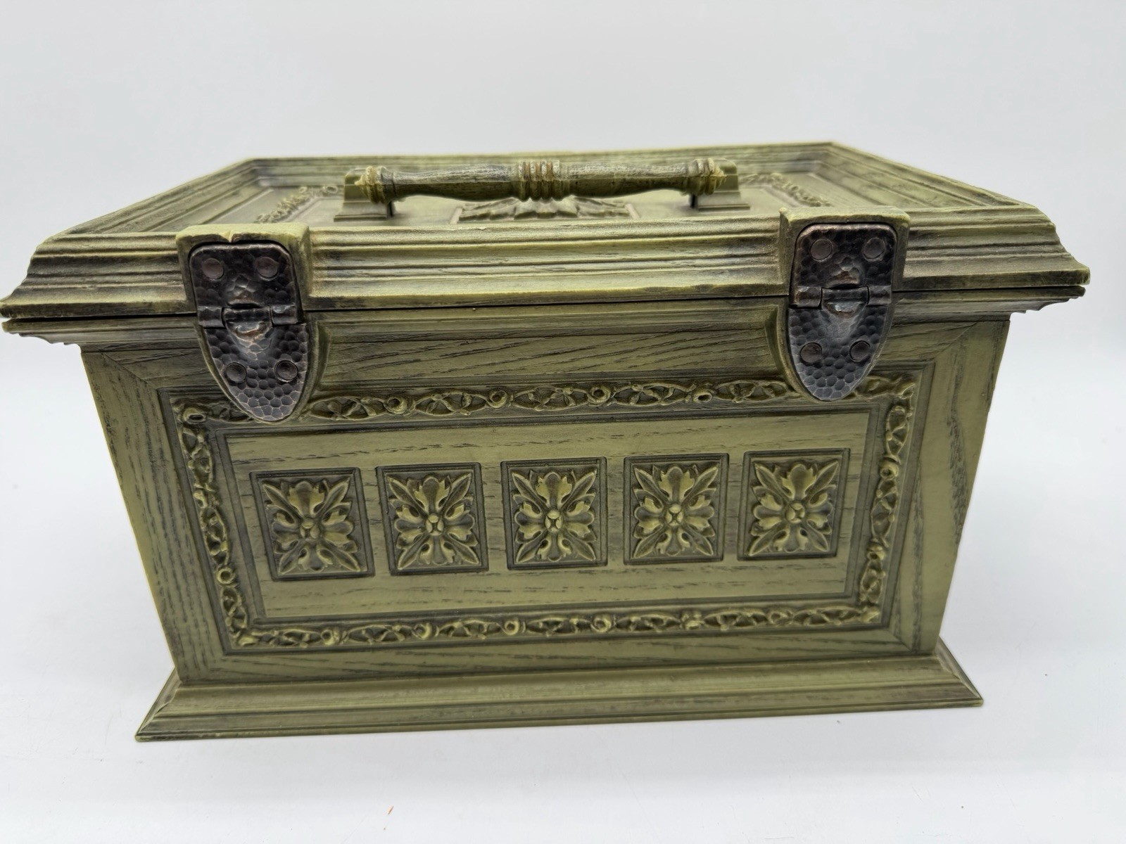 Vintage 1960s Max Klein Green Plastic Faux Wood Sewing Box Avocado Green MCM Box