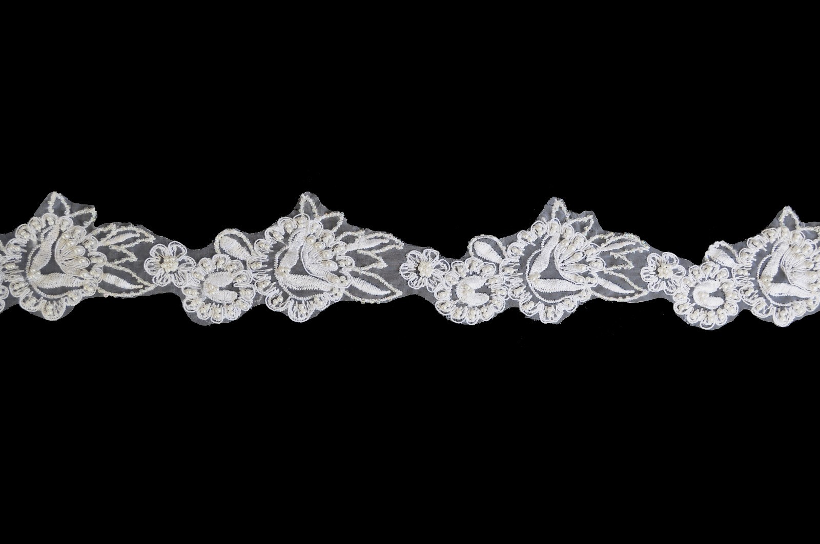 Lily 2.5″ White Embroidered Sheer Organza Beaded Pearls Lace Trim Sewing by Yard