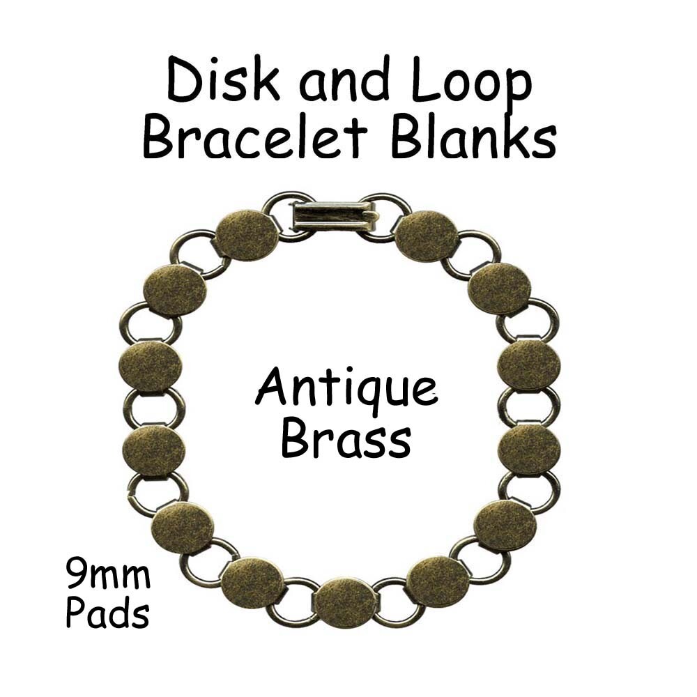 10 Antique Brass Disk and Loop Bracelet Form Blank 8 Inch with 9mm Glueable Pads
