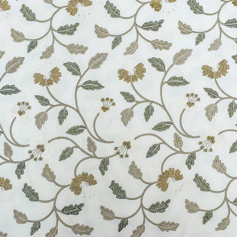 Ivory, Mustard Cotton with Embroidery Fabric by the Yard, 1 Yard Ivory Fabric