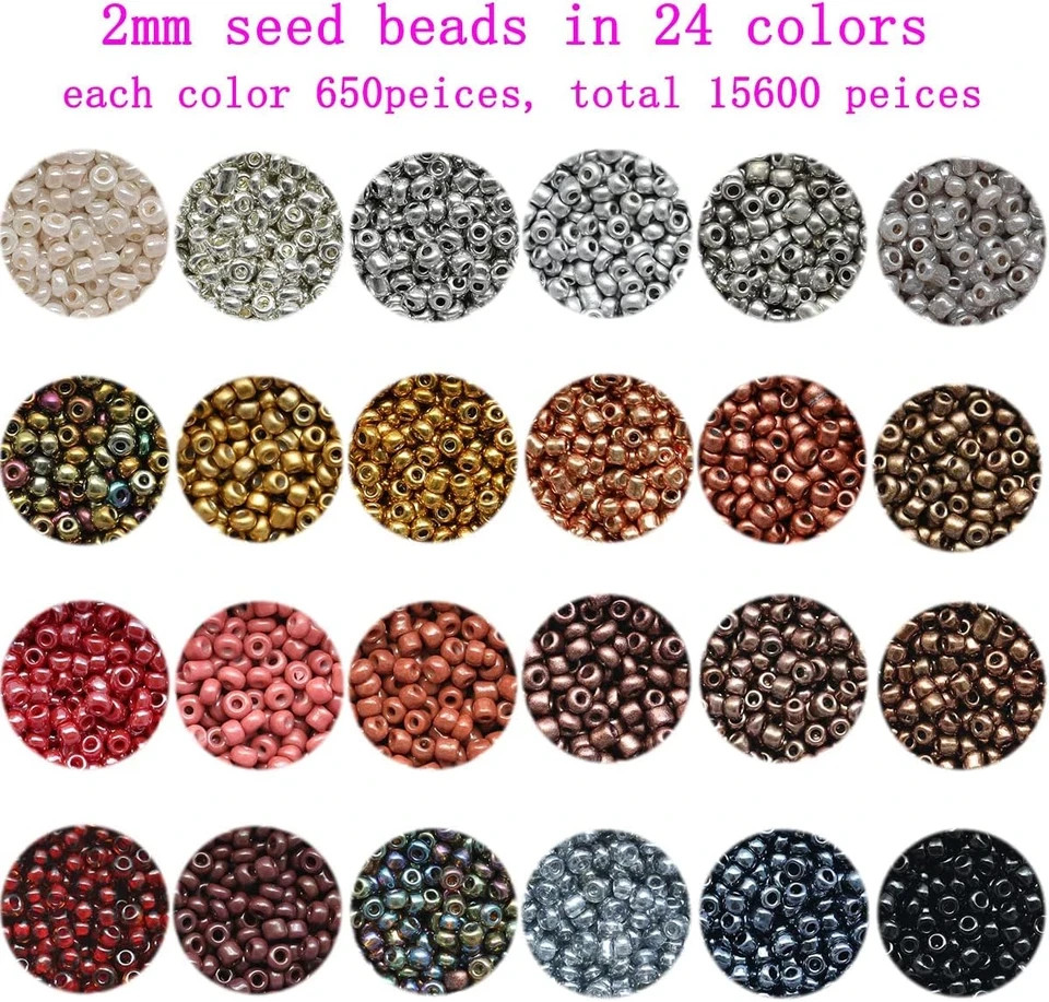 12/0 Glass Seed Beads About 15600pcs 24 Colors Loose Seed Beads 2mm 24 Colors A