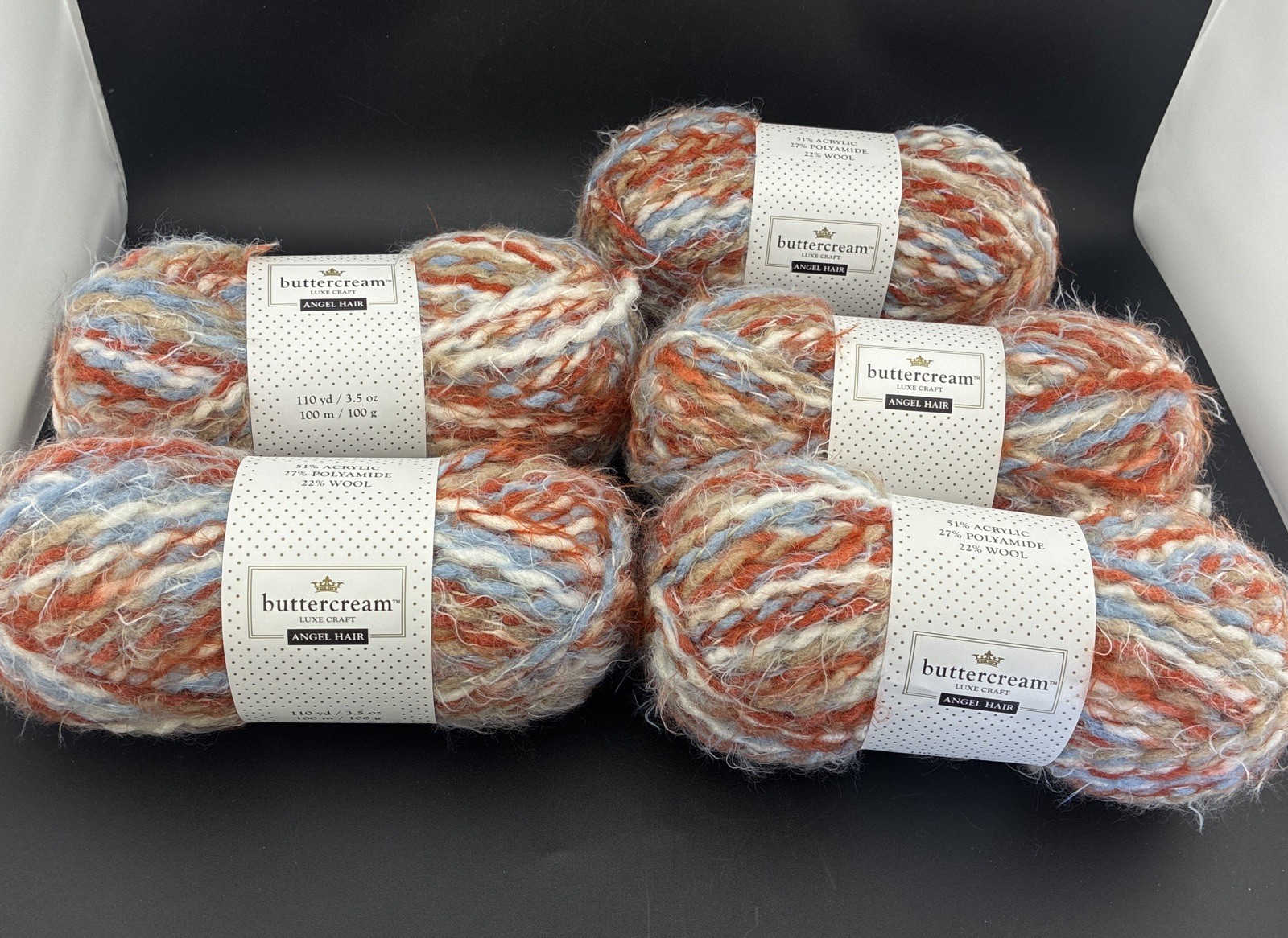5 Skein Buttercream Luxe Craft Angel Hair Rust Blue Wool Blend 110 Yrds/3.5oz Ea