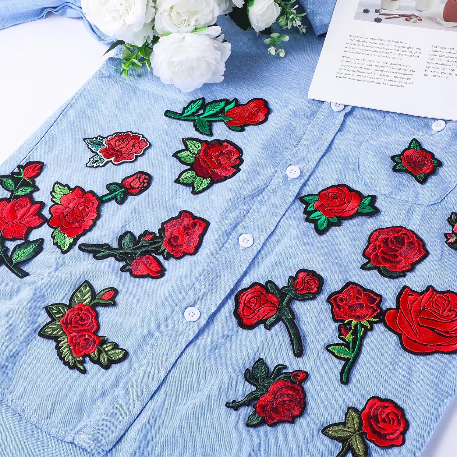 25pcs Assorted Sizes Iron on Rose Patches, Red Floral Embroidered Patches Appliq