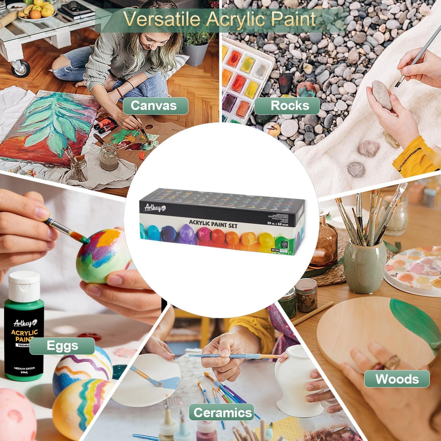 52 Colors Acrylic Paint Set – 2 oz Professional Artist Paints for Canvas, Fabric