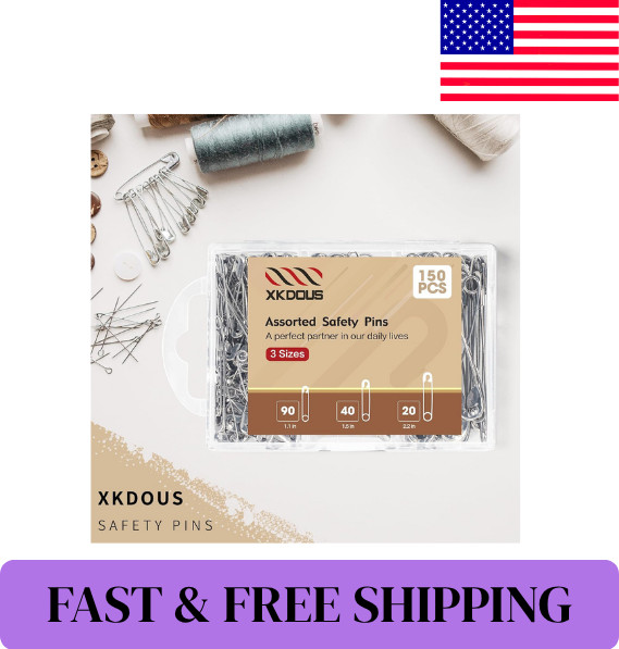 Safety Pins – 150 Pcs Assorted Sizes Silver Pins Bulk – Small & Large Heavy Duty