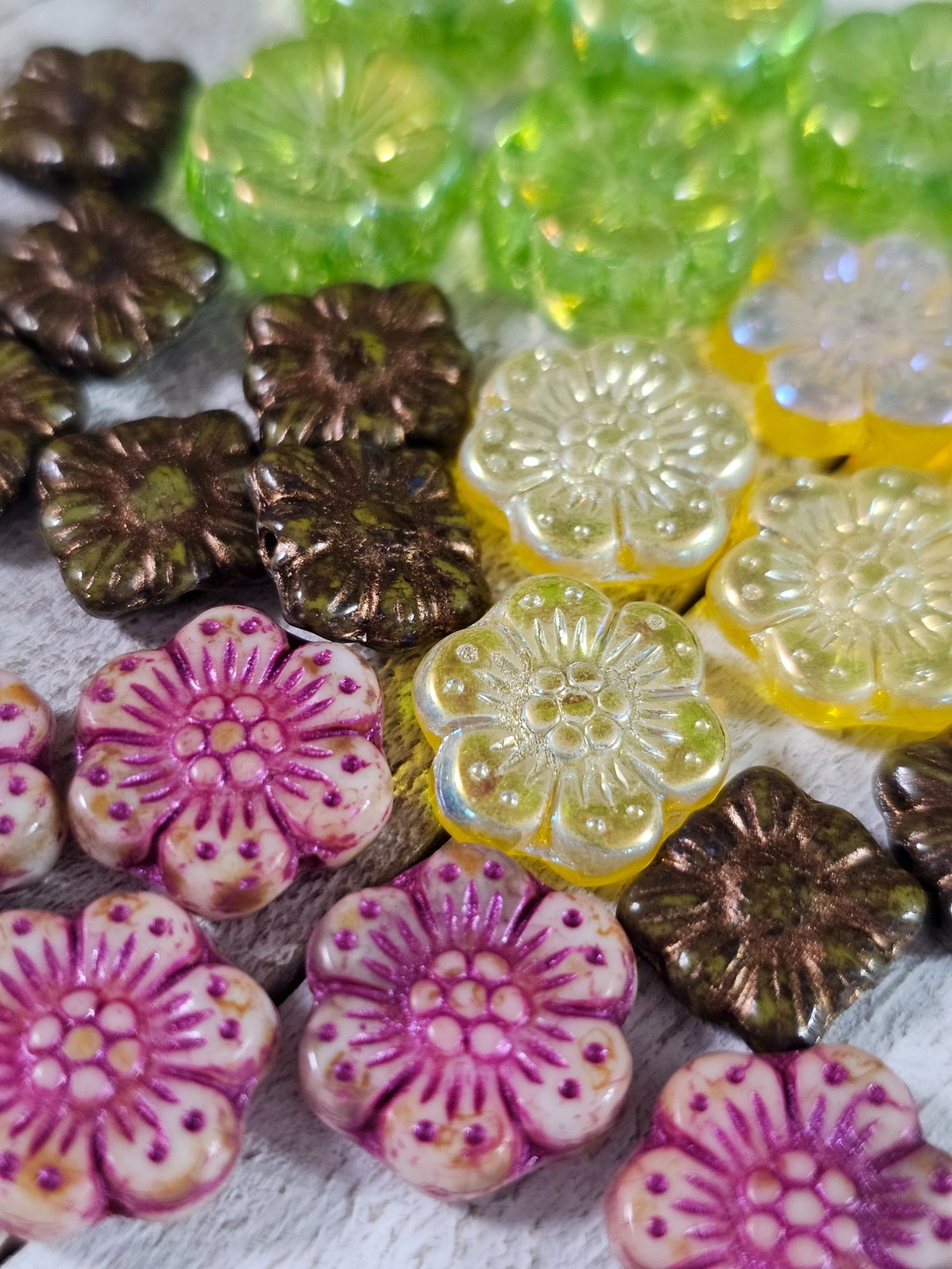 Czech Pressed Glass Flower Bead Rose Hibiscus 14mm Jewelry Making Supplies Set2