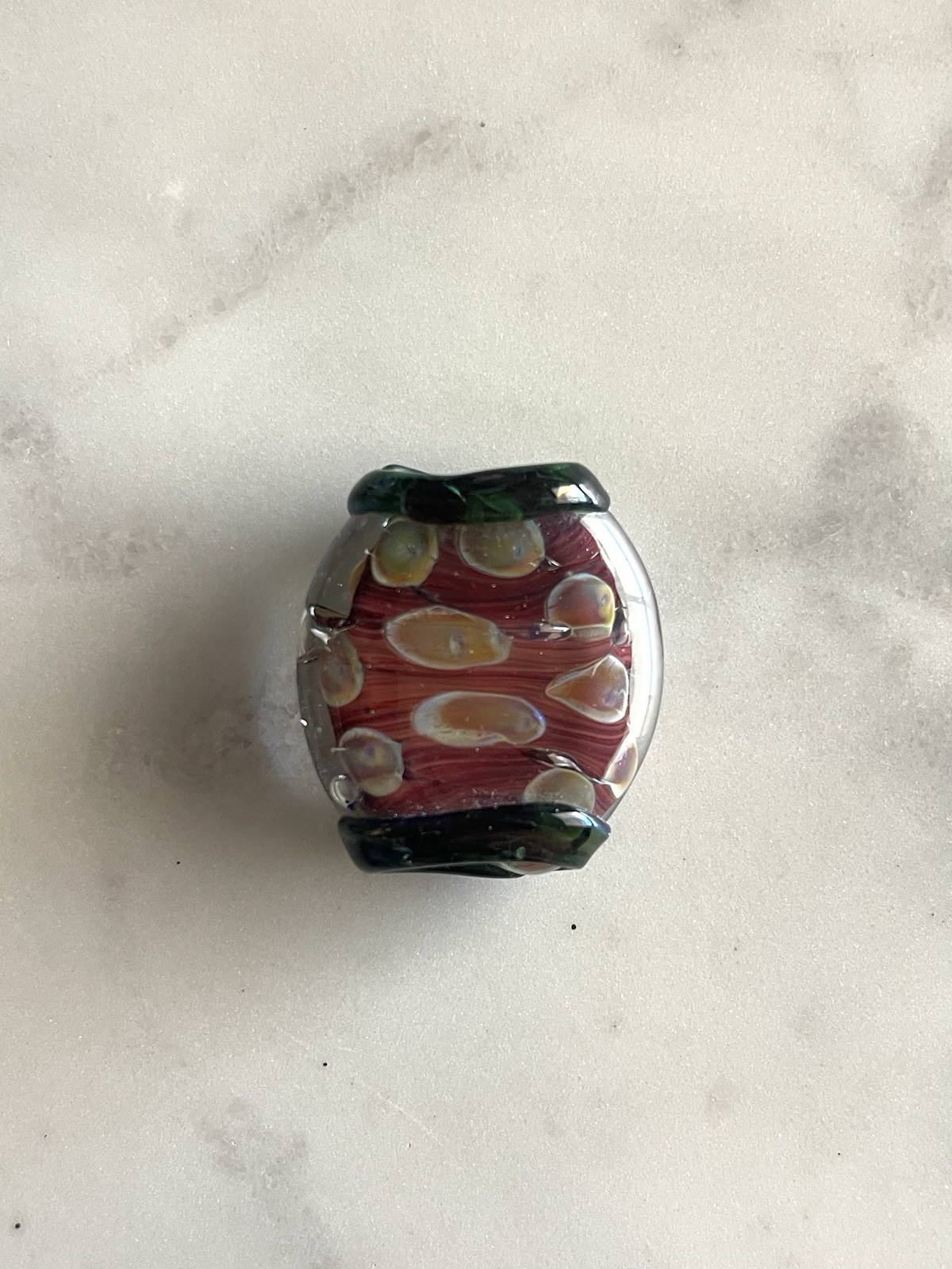 Large Artisan Lampwork Glass Barrel Focal Bead Encased Red Ivory Green Handmade