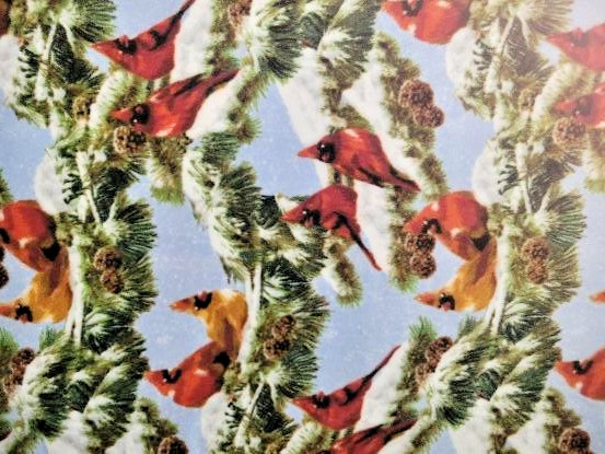 CHRISTMAS FLEECE – CARDINALS IN PINE TREES W/ SNOW – 1 2/3 YARDS (1 YD. 24 IN.)
