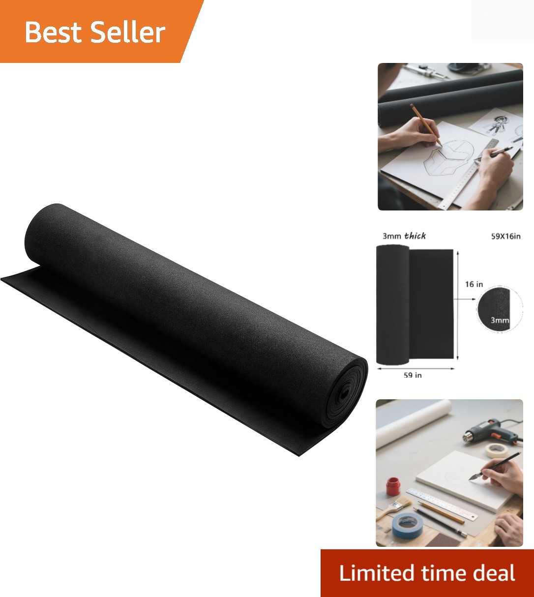 High-Density EVA Foam 3mm – Black 16×59 Inch for Cosplay and Craft Projects