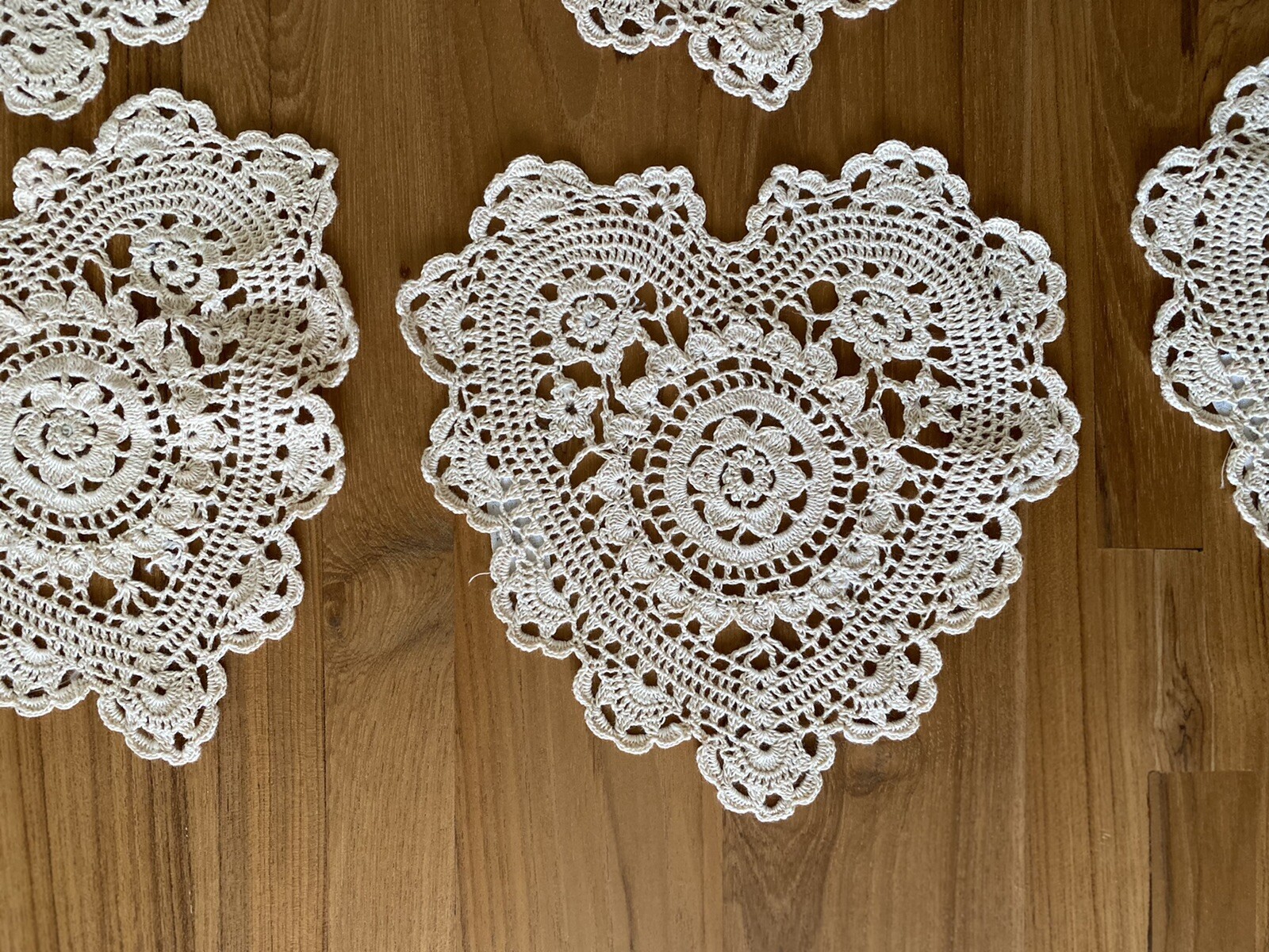 8 Inch Beige Heart Shaped Crochet Lace Doilies 12 Count