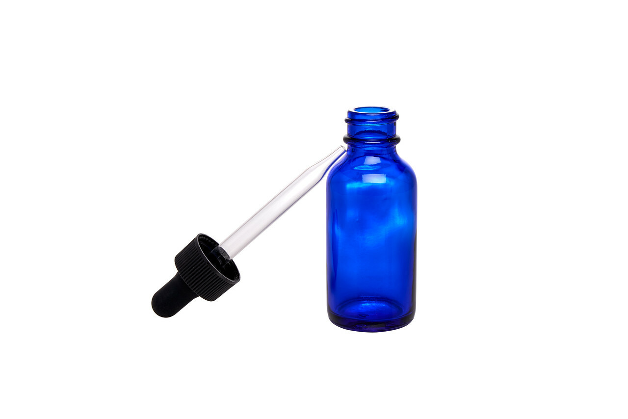 Cobalt Blue Boston Round Glass bottles Black Dropper Cap 1 oz / 30 ml 24 Pack