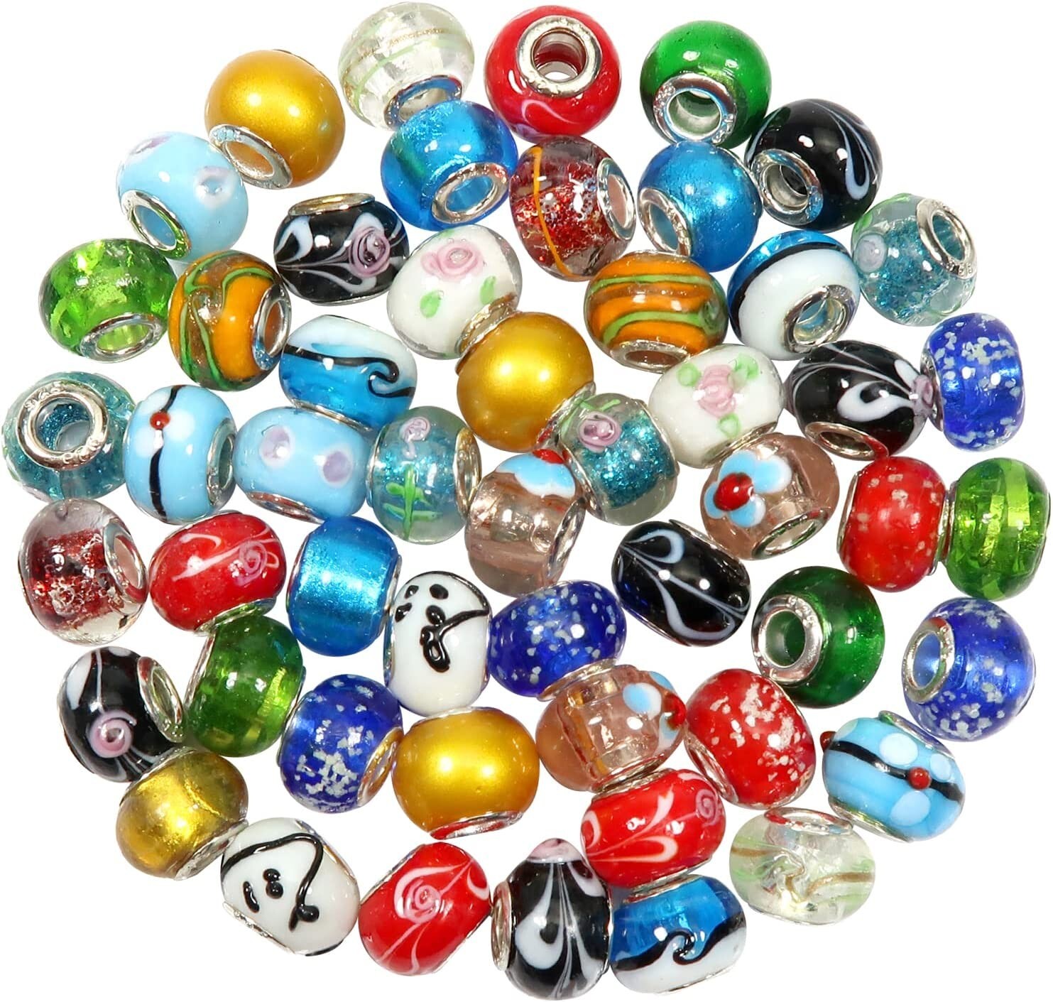 TOAOB 50pcs Assorted Glass European Lampwork Beads Large Hole Spacer Beads NEW