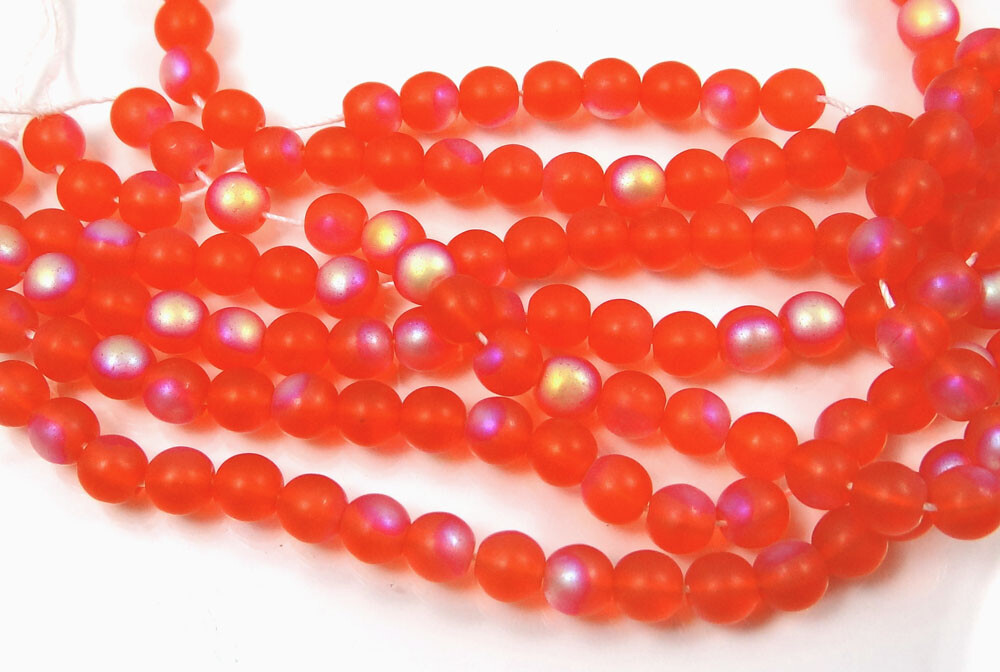 50 Czech Frosted Sea Glass Round Beads – Matte AB Hyacinth orange moonstone 6mm