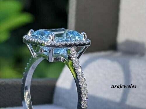 2CT Emerald Cut Real Aquamarine 14K White Gold Finish Wedding Halo Jewelry Ring