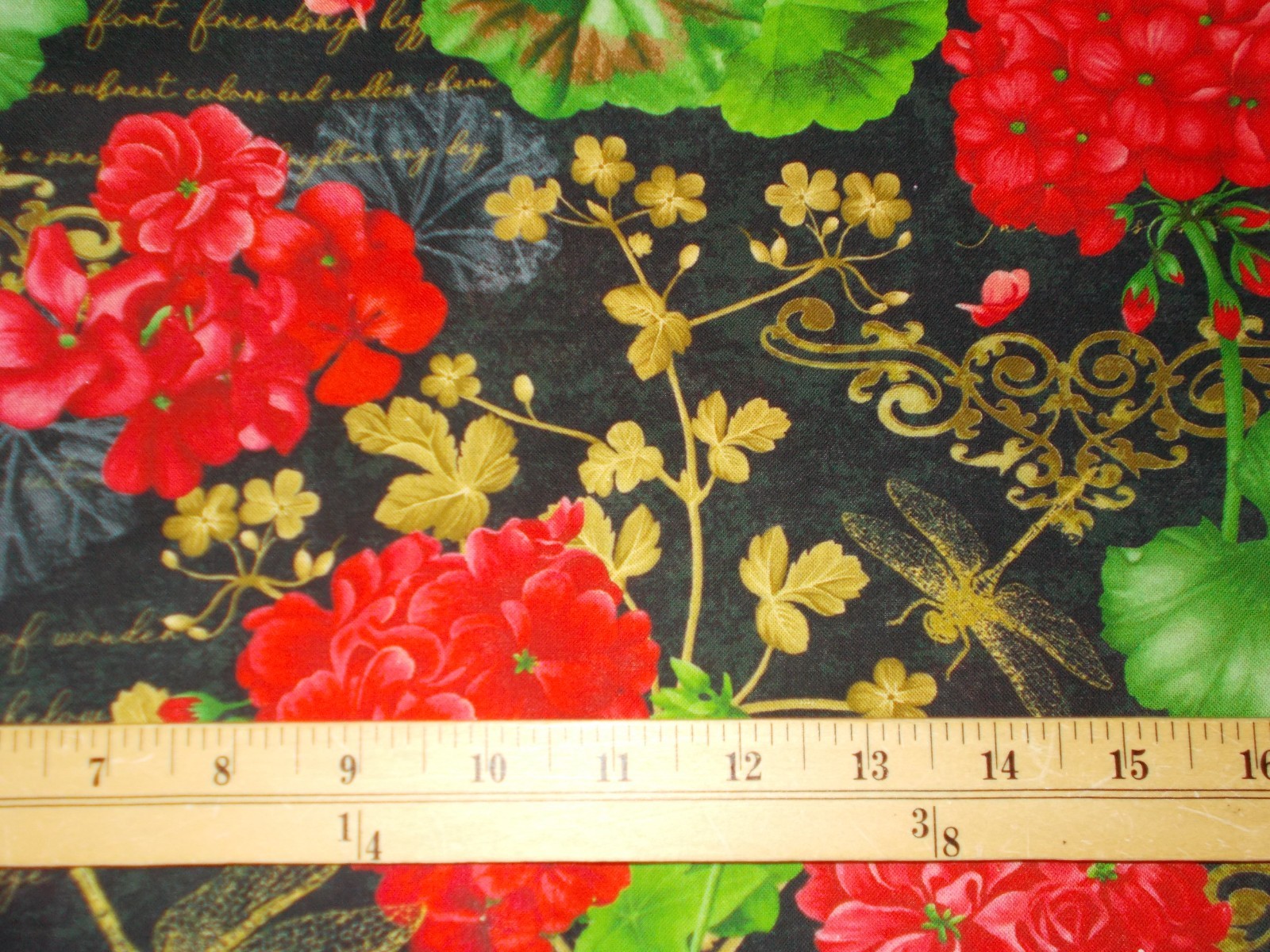 BTY TT Geranium Dragonfly Collage Met Gold Print 100% Cotton Quilt Fabric Yard