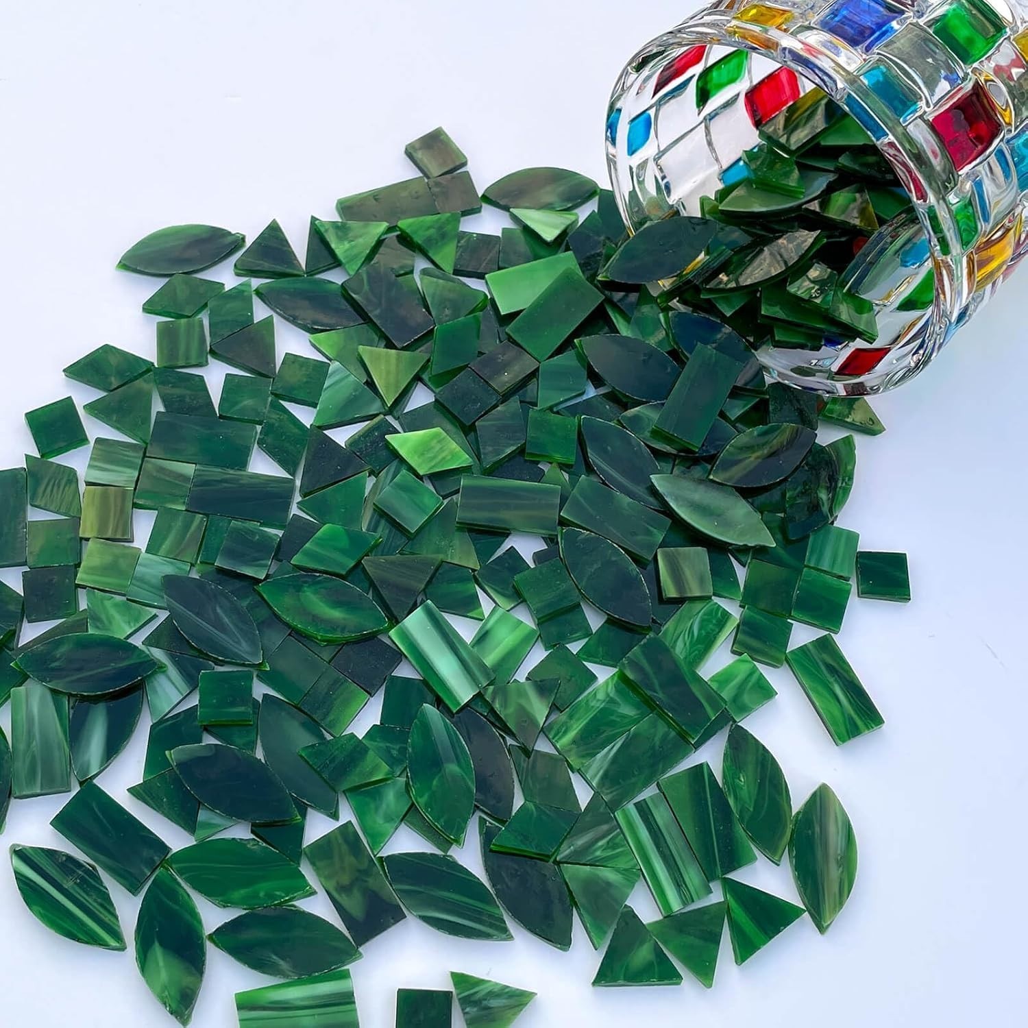240 Piece Forest Green Stained Glass Mosaic Tiles – 5 Shapes for DIY Crafts