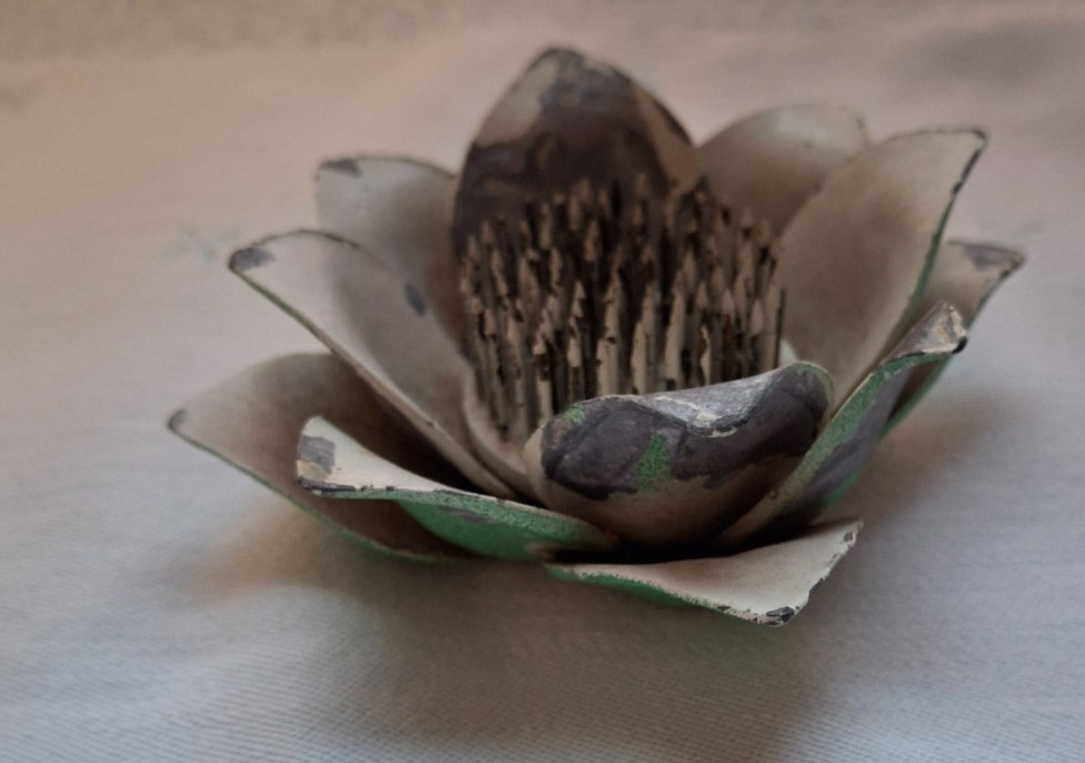 Vintage Heavy Metal Water Lily Lotus Figure Pin Flower Frog