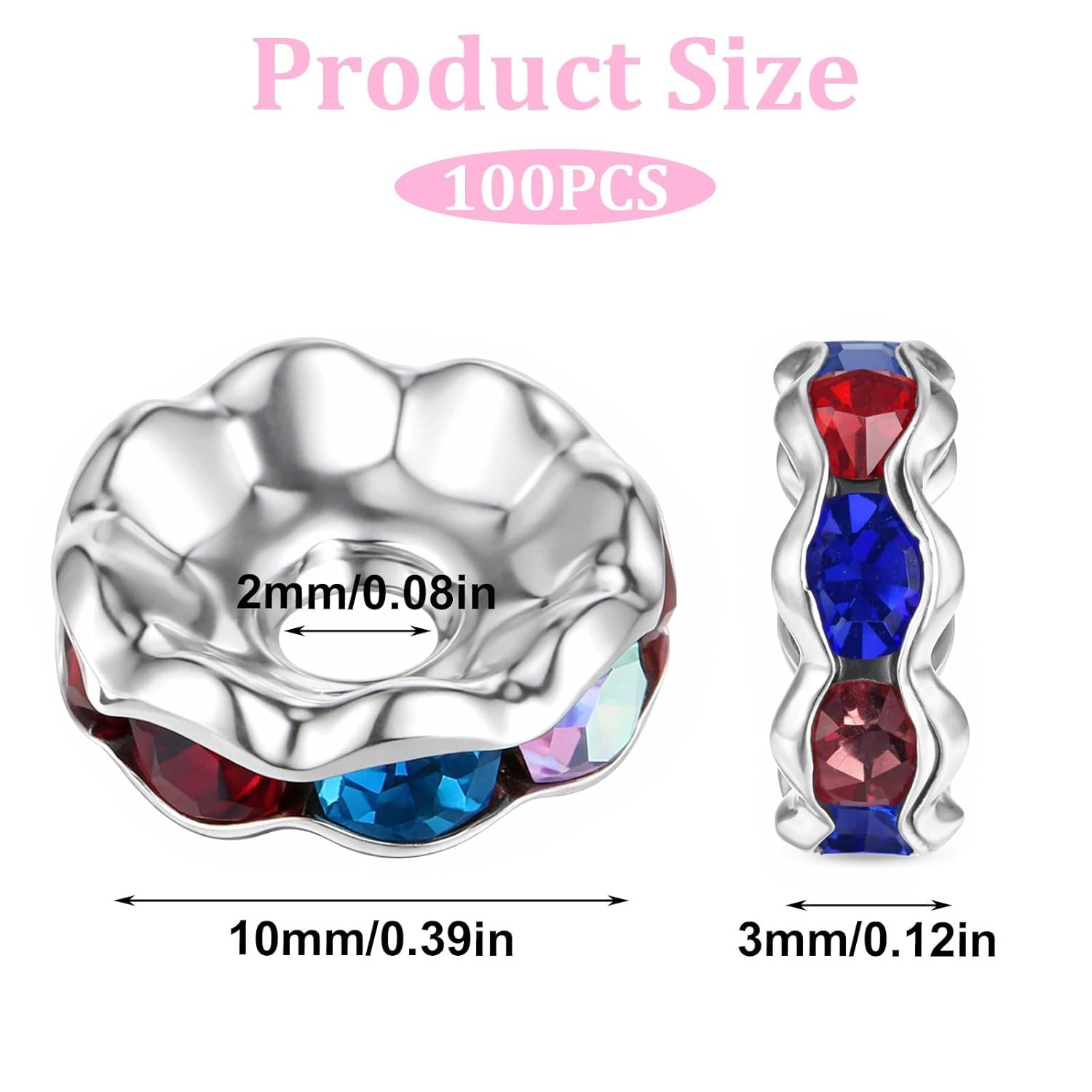 100 Pcs Rhinestone Spacer Beads, 10mm Large Hole Beads for Jewelry Making Multic