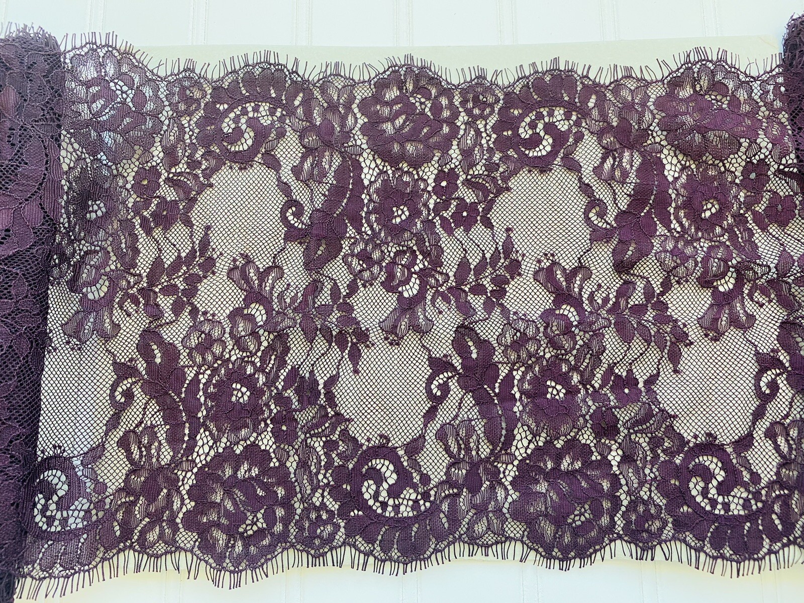 3 Yds Mulberry Embroidered Eyelash French Lace Trim for Sewing/Lingerie/9″ Wide
