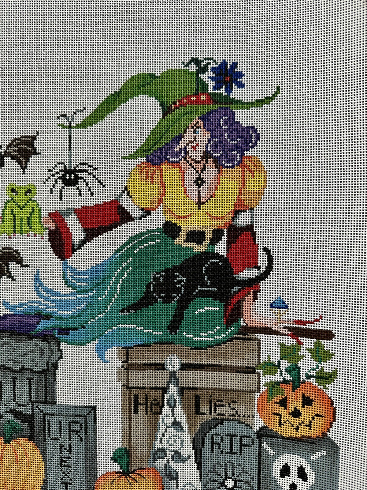 Patti Mann Halloween Needlepoint Canvas Witch In Graveyard 17”x18”