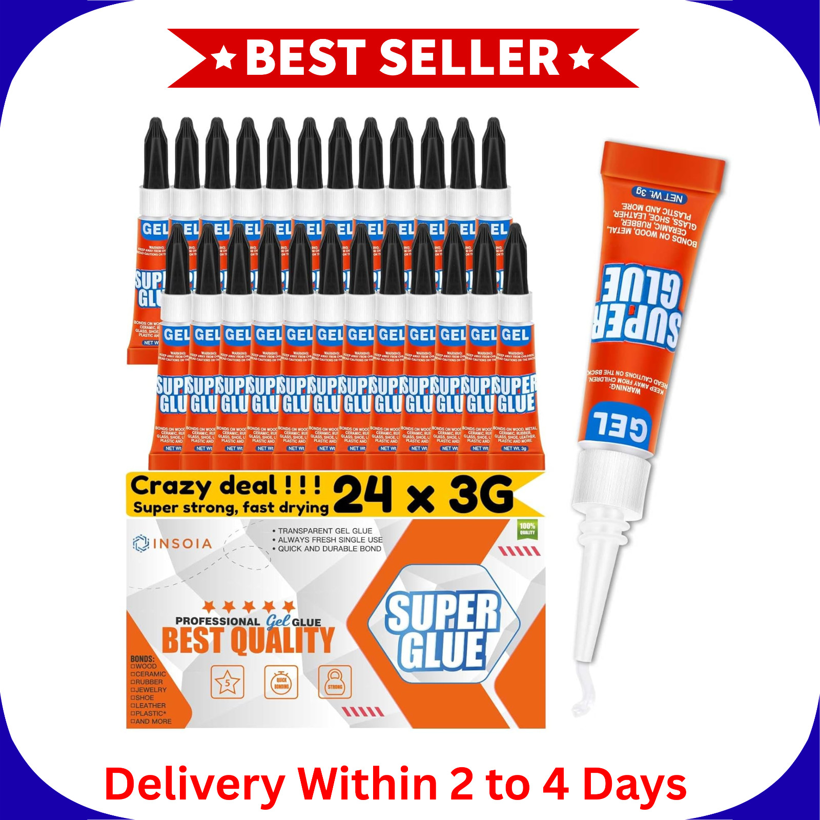 Super Glue Gel Clear Non-Drip, 24 X 3g All Purpose Strong Adhesive Ca Glue Quick