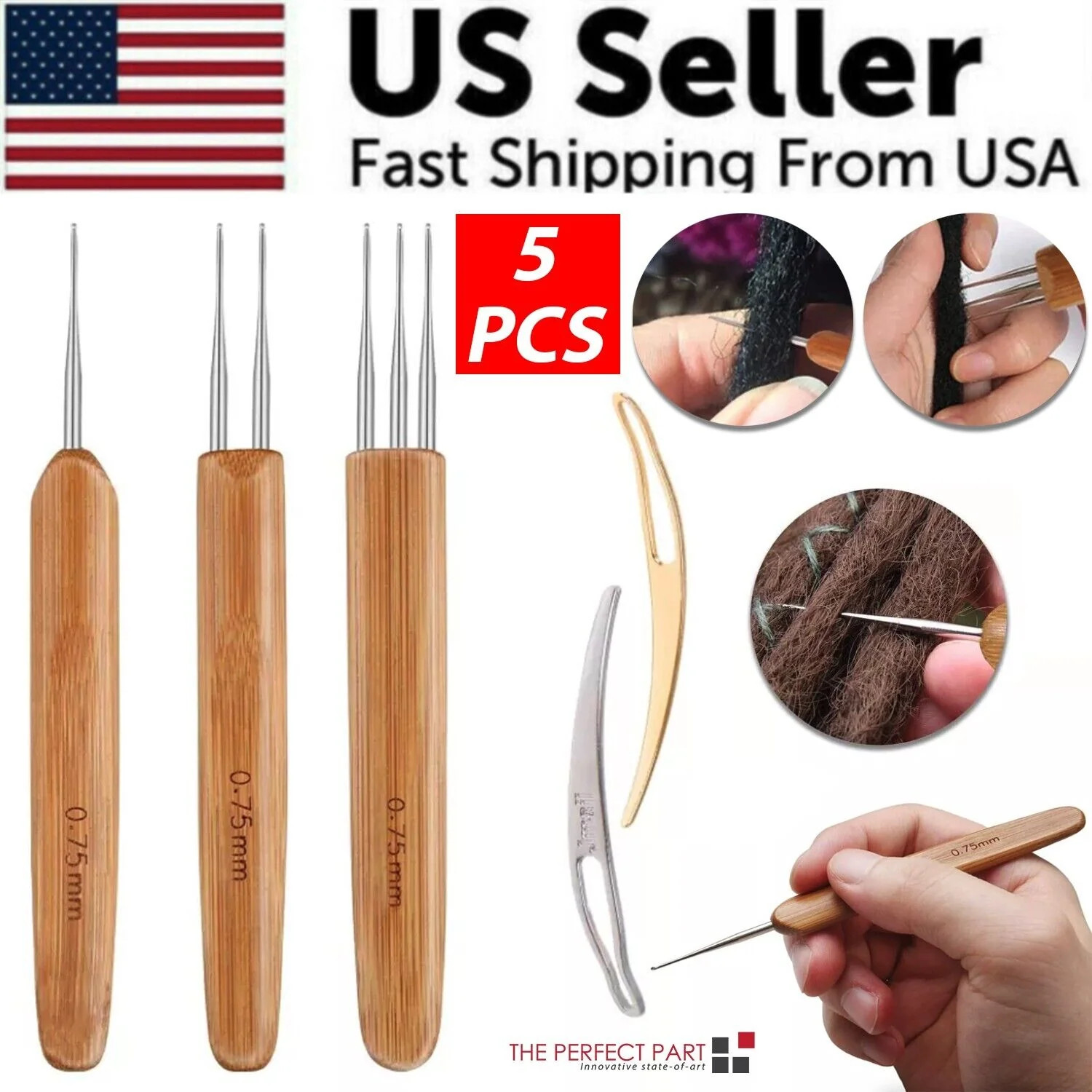 5Pcs Dreadlock Crochet Needle Hook Bamboo Handle Dread Knit Hair Braiding Tool S