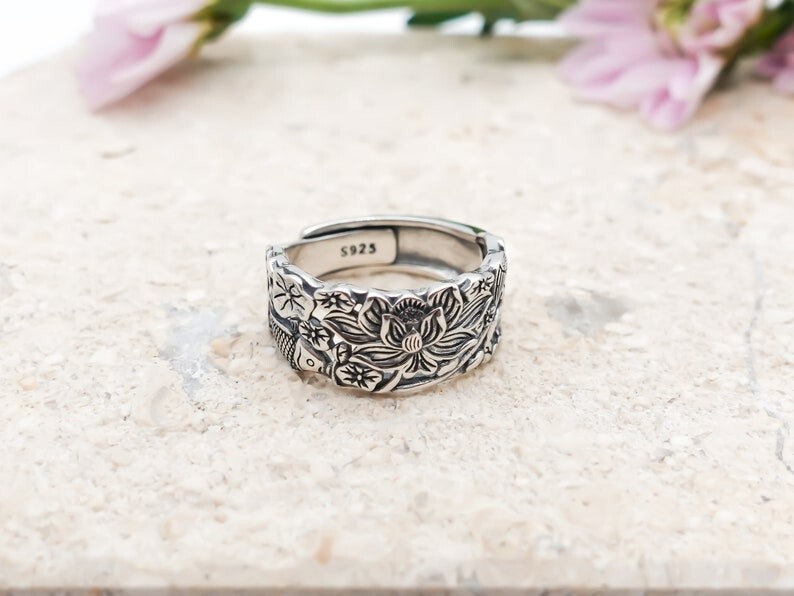 Vintage Floral Ring 925 Sterling Silver Adjustable Band for Women Gift