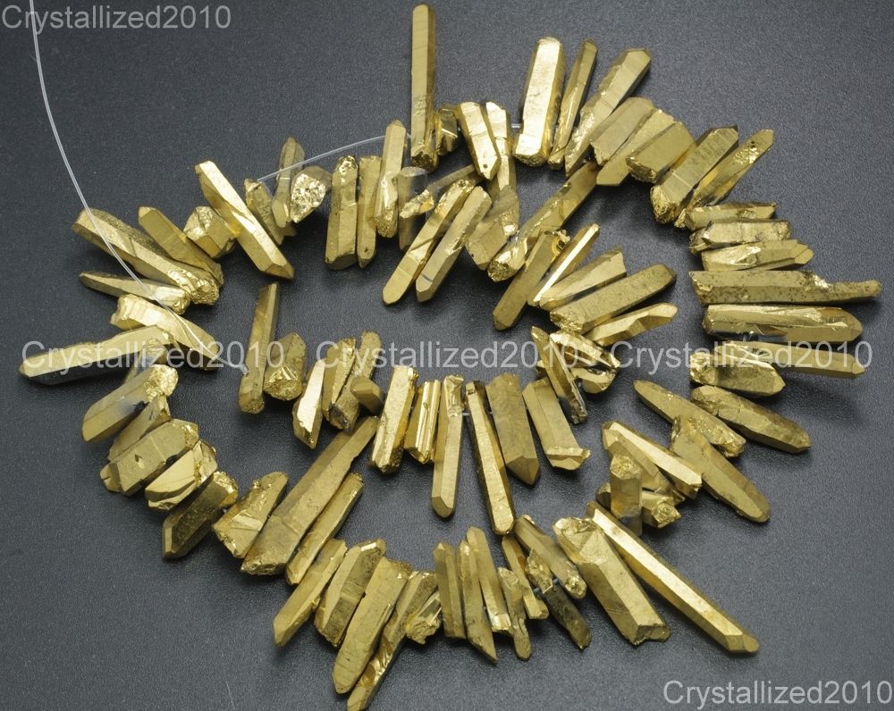 Metallic Titanium Coated Natural Quartz Crystal Stick Spike Pointed Beads 16”