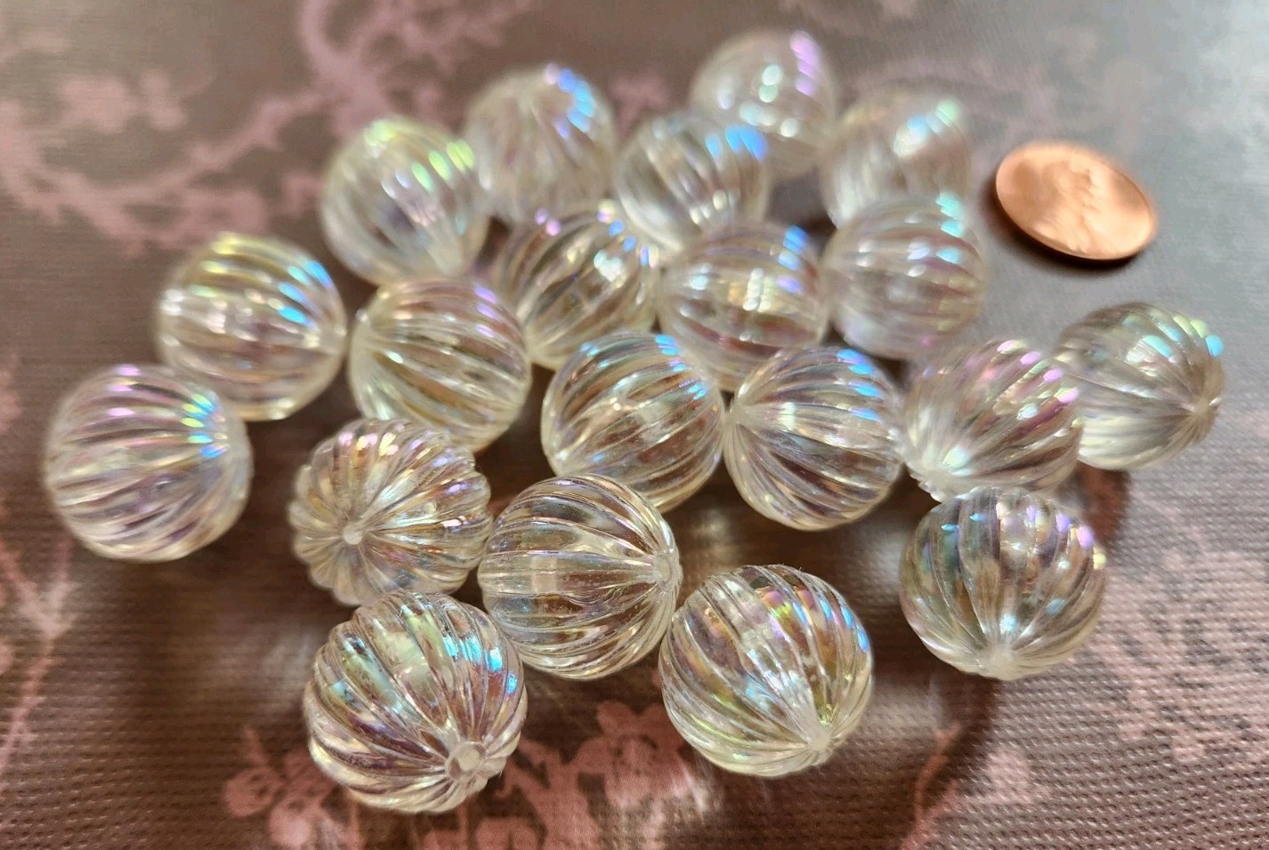 Lot of Vintage AB Aurora Borealis Iridescent Acrylic Fluted Melon Beads