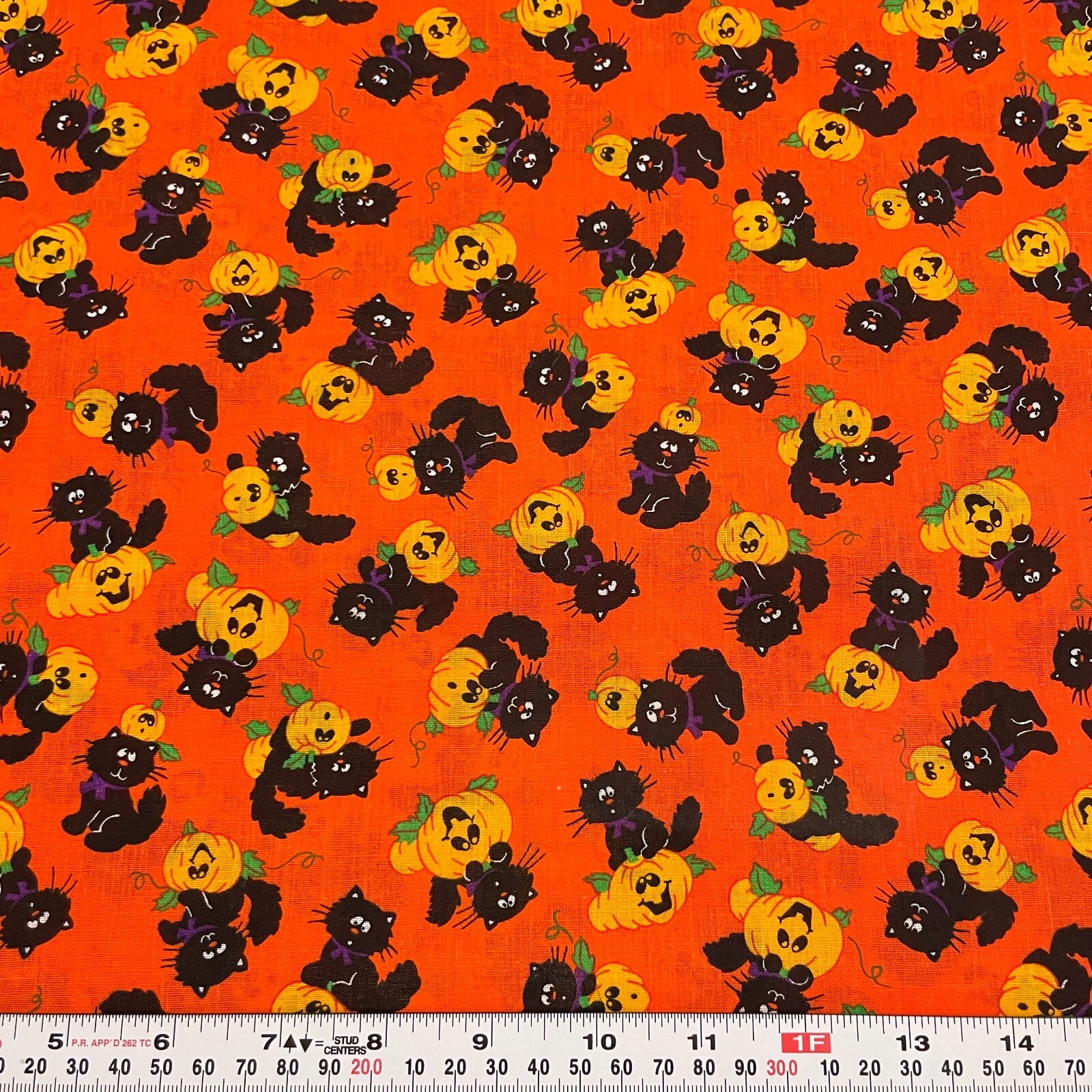 Vintage Cranston Halloween Cats & Pumpkins Orange Cotton Blend by the HALF YARD