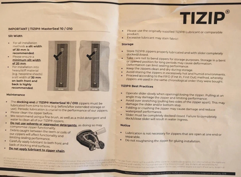 2 Pack TIZIP MasterSeal 10 Waterproof Black Zipper-34″Long 880MM-2″Wide 1 LUB
