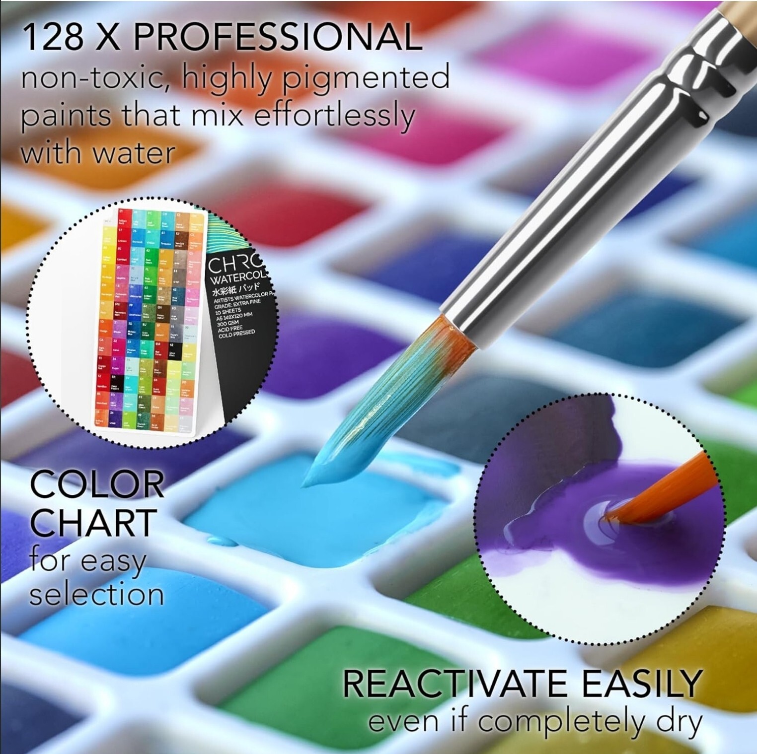 CHROMATEK Watercolor Paint Set, 128 Vivid Colors in Portable Box With Pad, Brush
