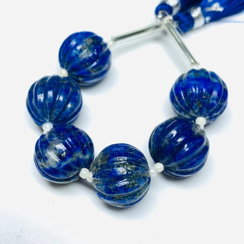 5 Pcs 100% Natural Lapis Lazuli Carved Melon Shape Beads Strand,, 12 mm