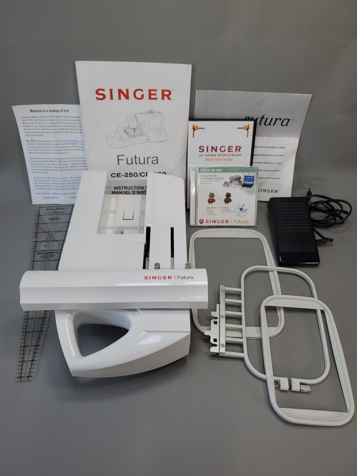 Singer Futura CE-250 Sewing Machine Embroidery Unit, Hoops, Manual, CDs + More