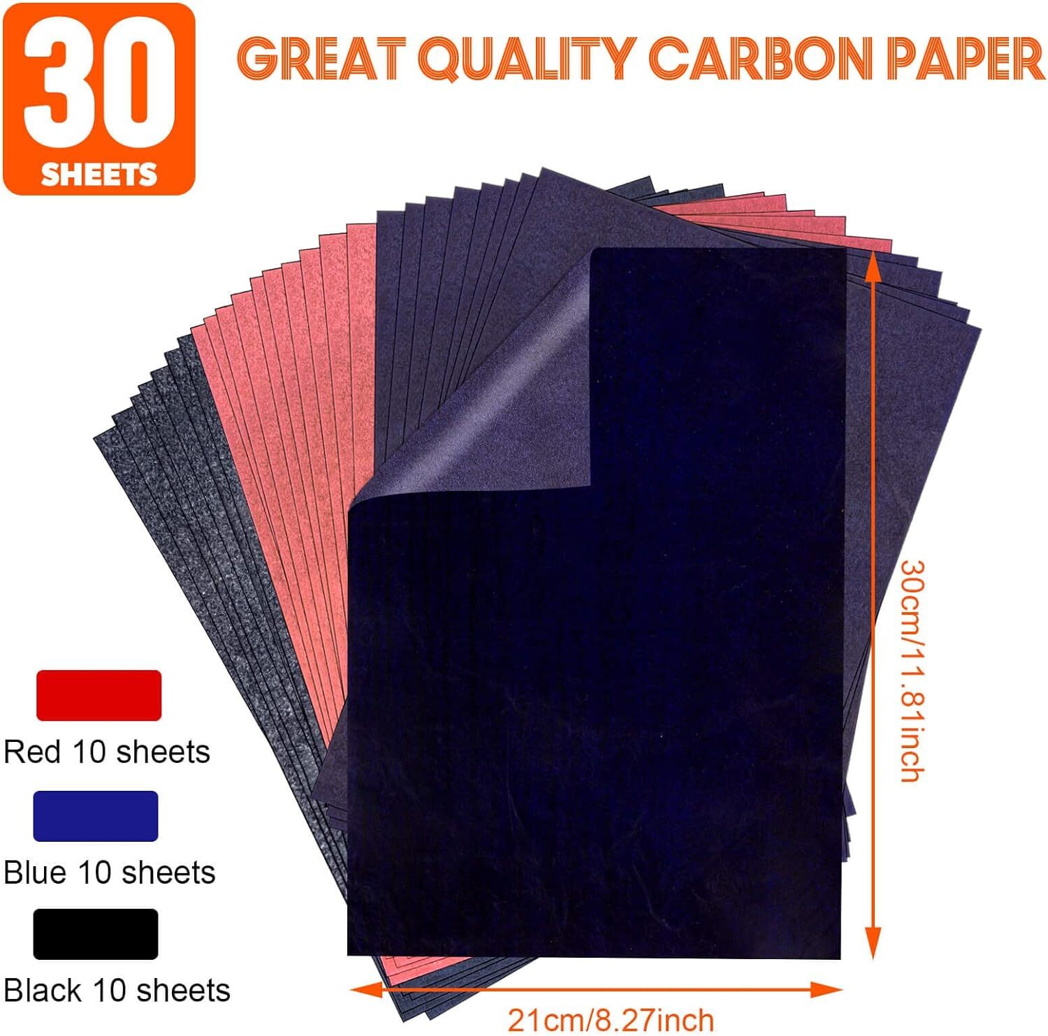Carbon Paper for Tracing Graphite 10 Sheets Red,10 Sheets Blue,10 Sheets Black