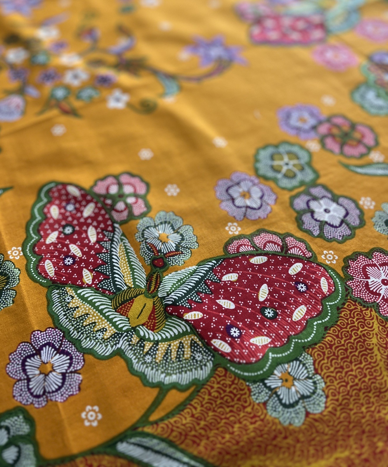 Indonesian Cotton Batik Fabric Orange Multicolored Butterflies Floral Theme