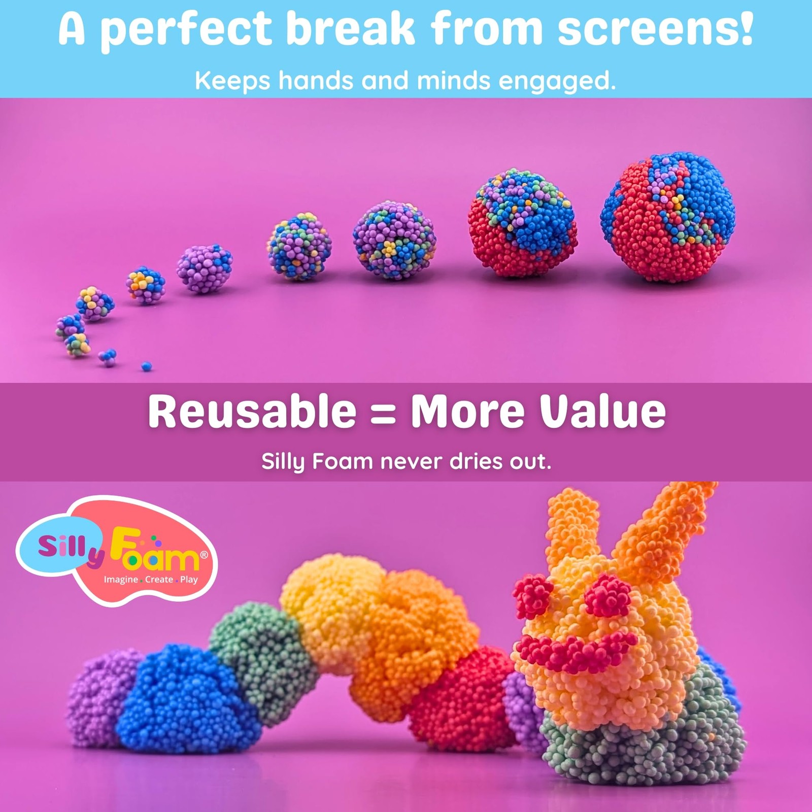 Silly Foam, Creative Modeling Foam Beads, 1-Pack of 6 Primary Colors, Easy Cl…