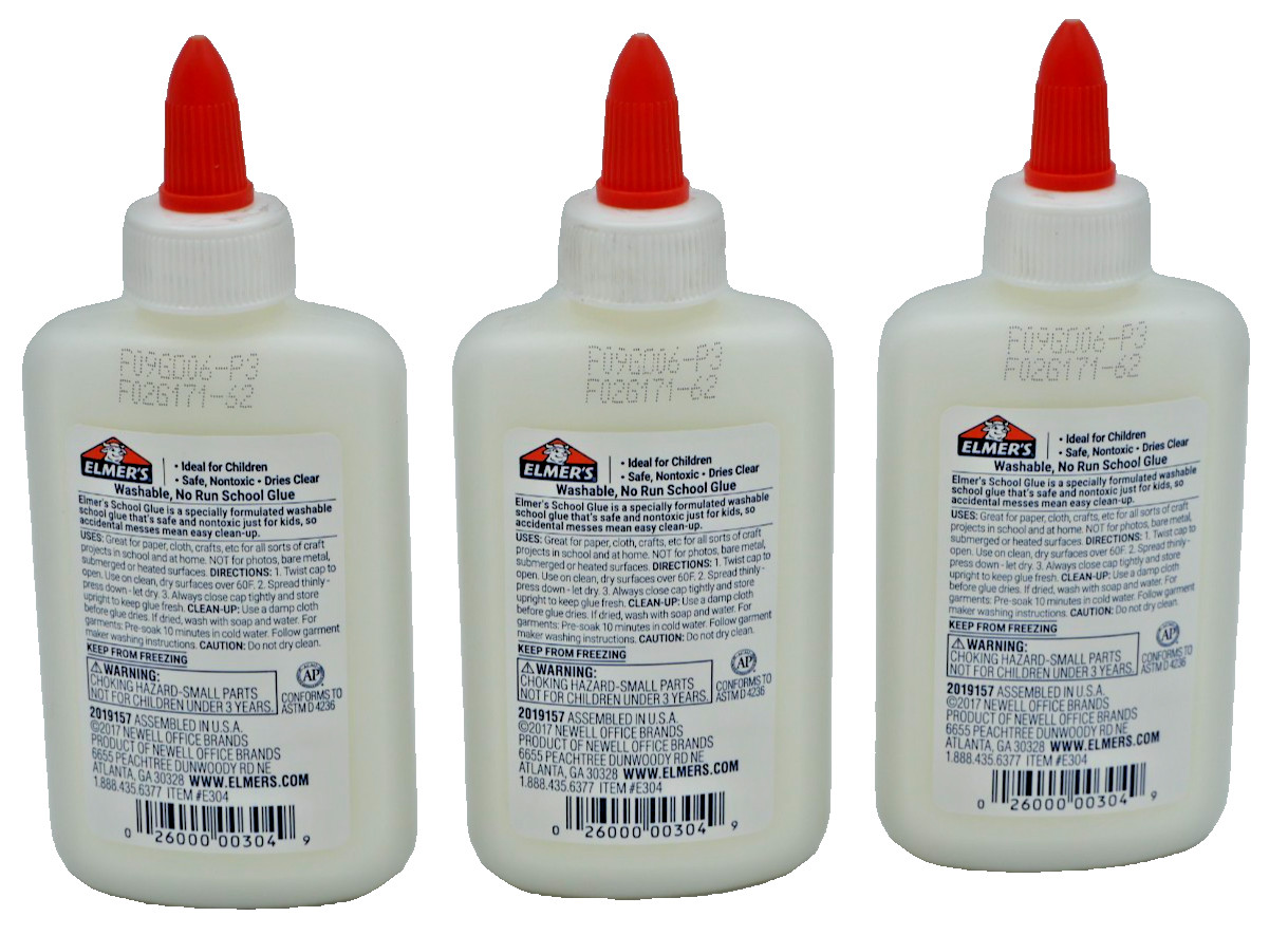 Elmer’s School Glue Washable No Run 4 fl oz (118mL) Safe Nontoxic – 3 Pack