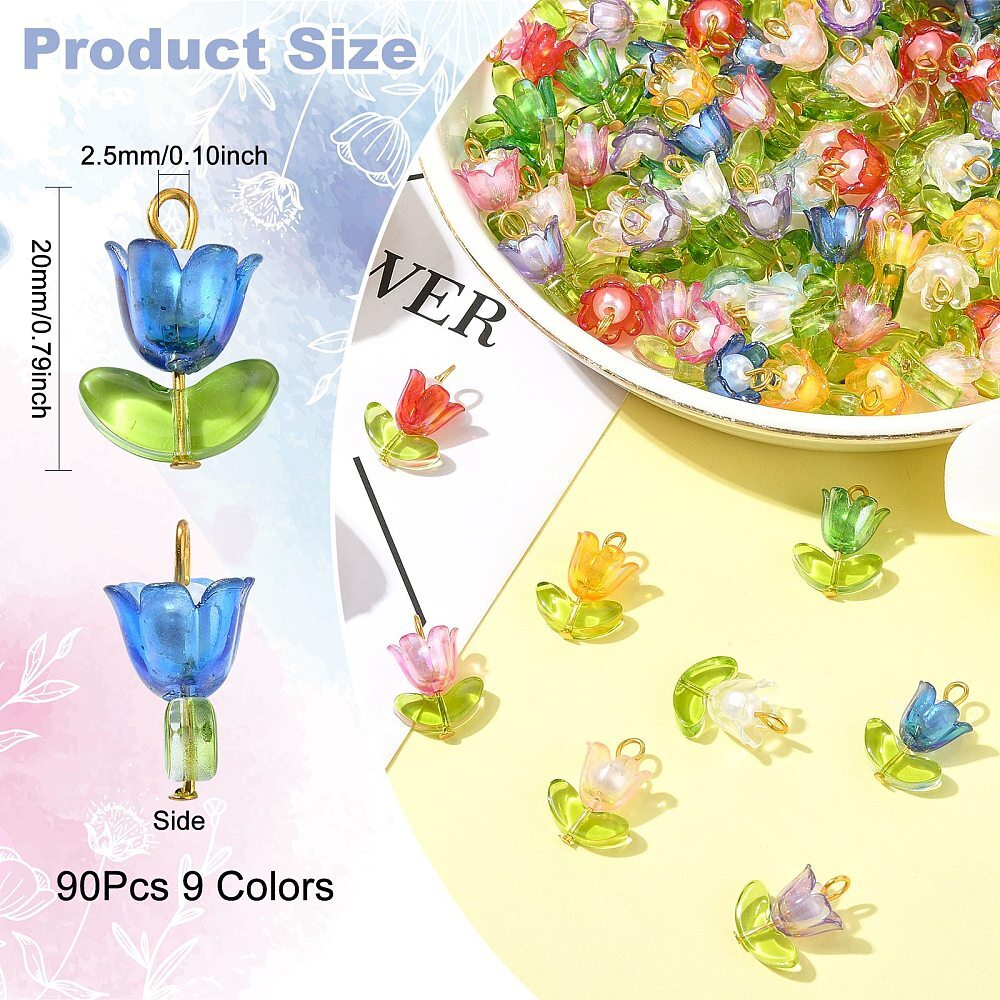 90x Handmade Acrylic Flower Charms Tulip Pendants w/Glass Leaf Charms for DIY