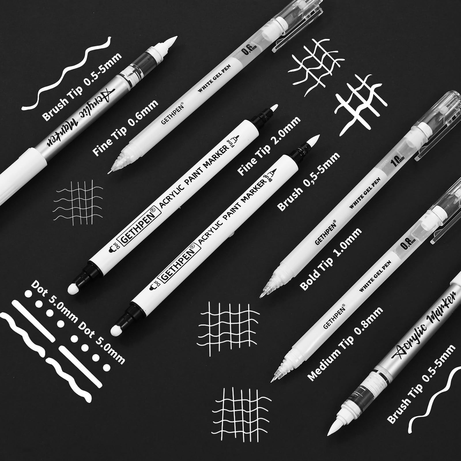 GETHPEN White Ink Pens, Fine Point Gel Pens, Brush Tip Acrylic Markers,white …