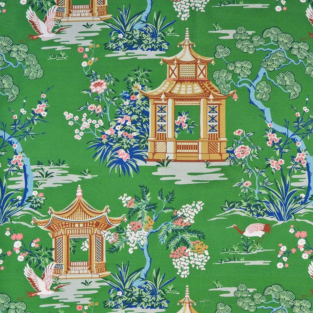Harmony Grass Asian Pagoda with Blue Coral Floral Print on Green Regal Fabric