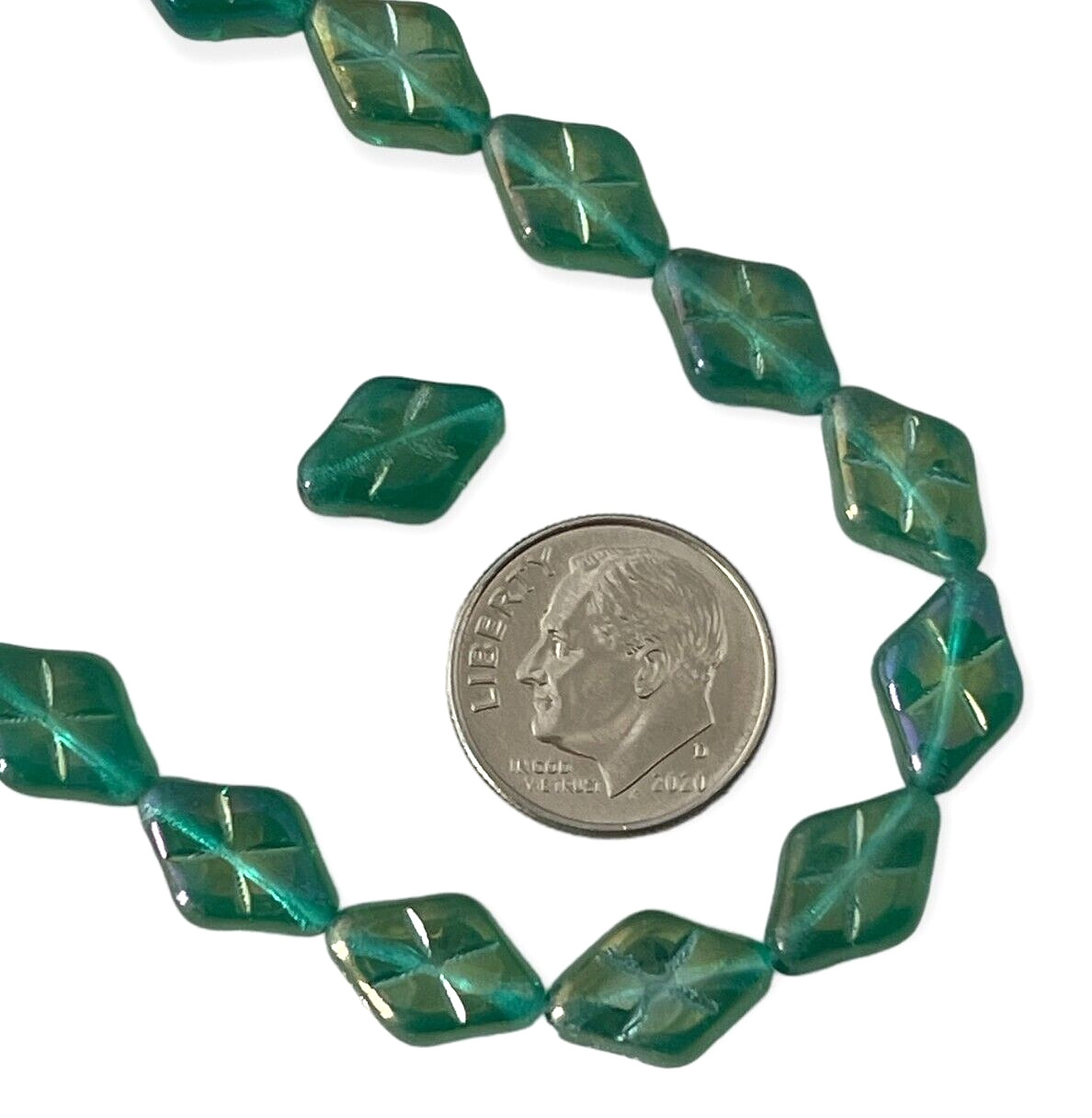 25 Beads Emerald Green Full AB Preciosa Czech Glass 12mm Diamond Shape X Design