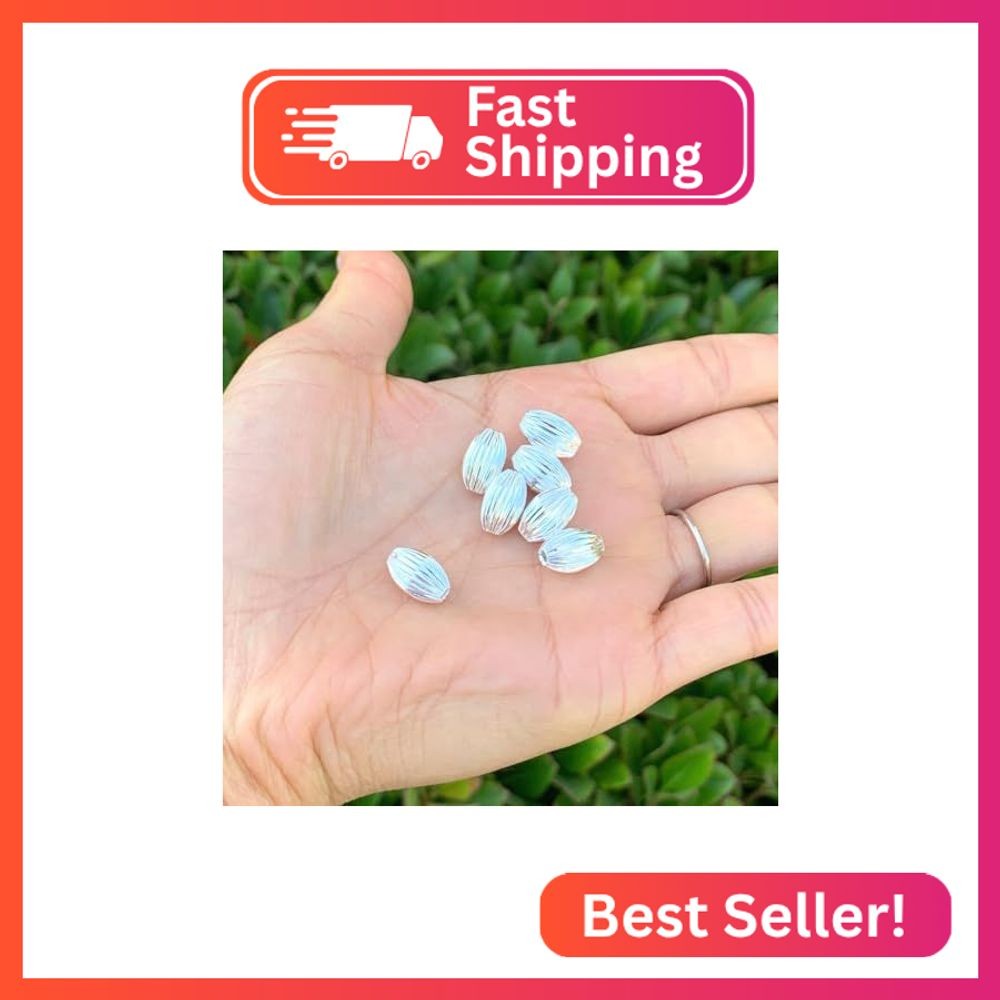 100pcs Sparkle Sterling Silver Plated Corrugated Oval Melon Beads 12x8mm