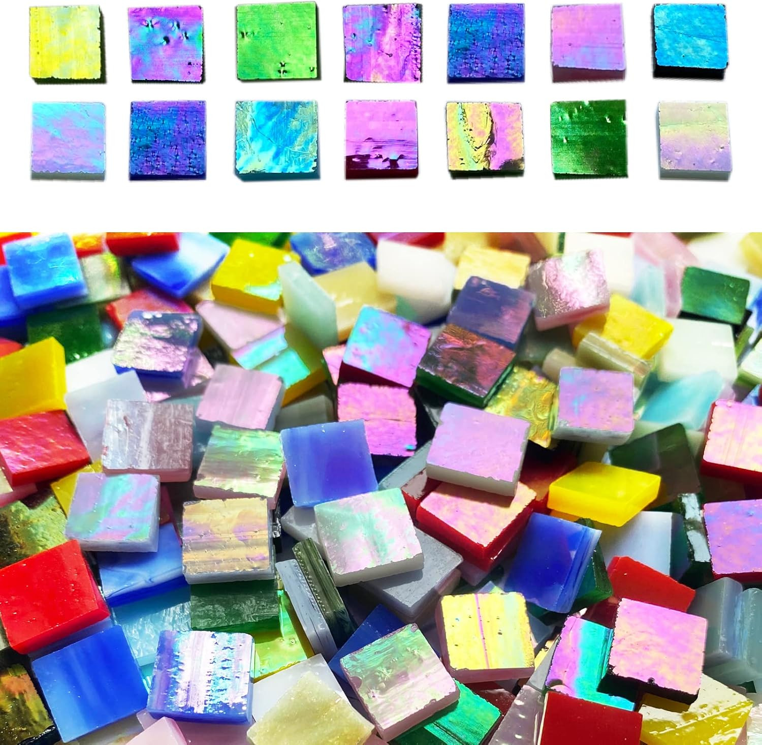 510 Pieces Iridescent Glass Mosaic Tiles for Crafts, Mixed 4 Shapes Colorful